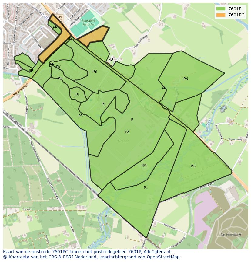 Afbeelding van het postcodegebied 7601 PC op de kaart.