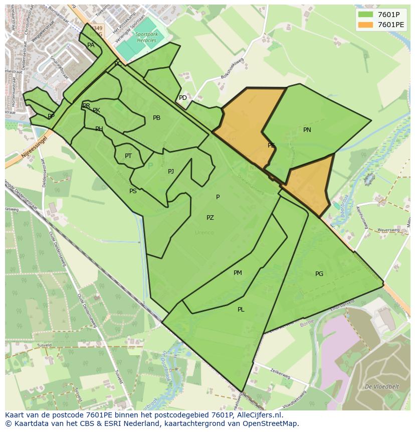 Afbeelding van het postcodegebied 7601 PE op de kaart.
