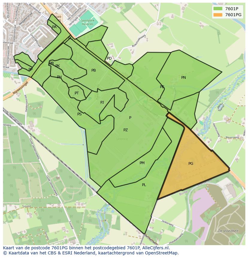 Afbeelding van het postcodegebied 7601 PG op de kaart.