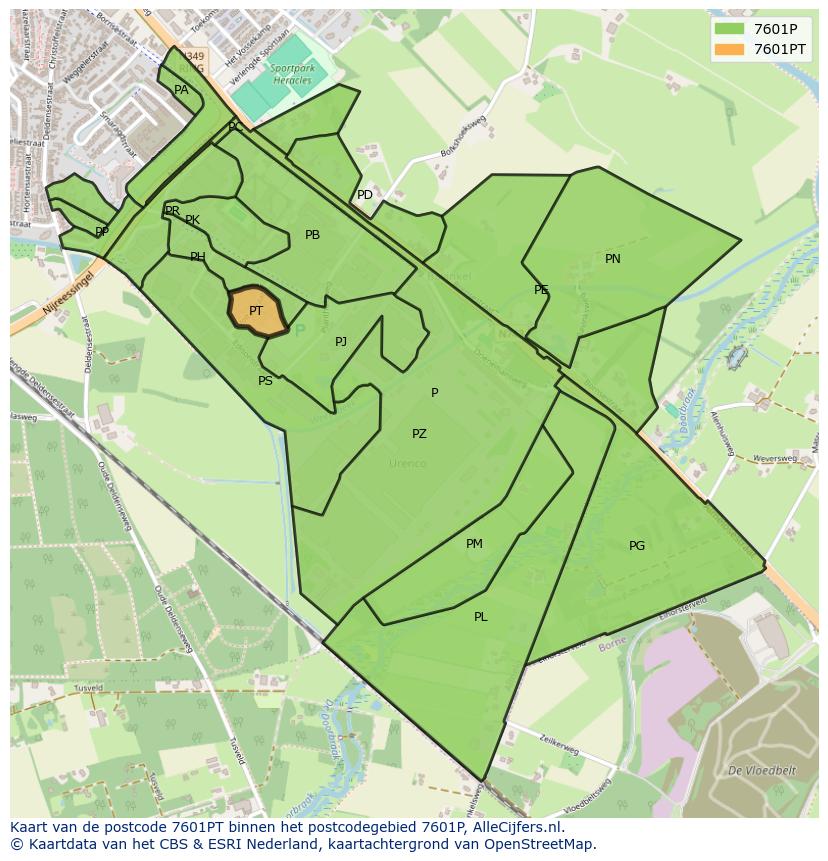 Afbeelding van het postcodegebied 7601 PT op de kaart.