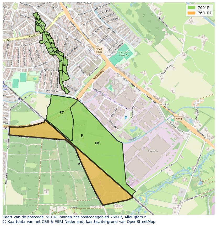 Afbeelding van het postcodegebied 7601 RJ op de kaart.
