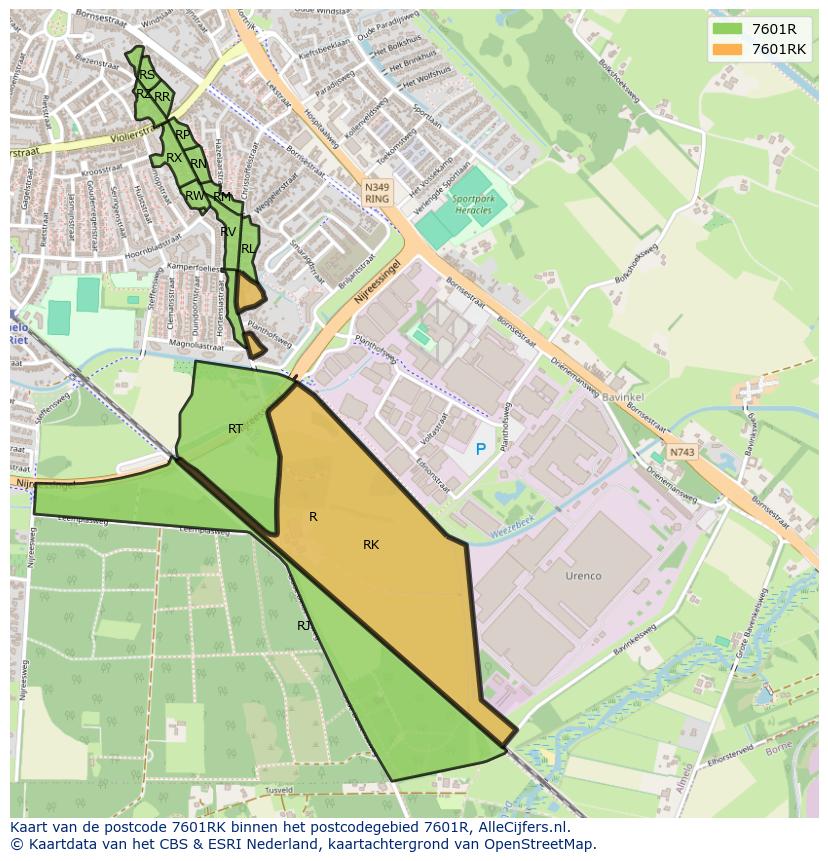 Afbeelding van het postcodegebied 7601 RK op de kaart.