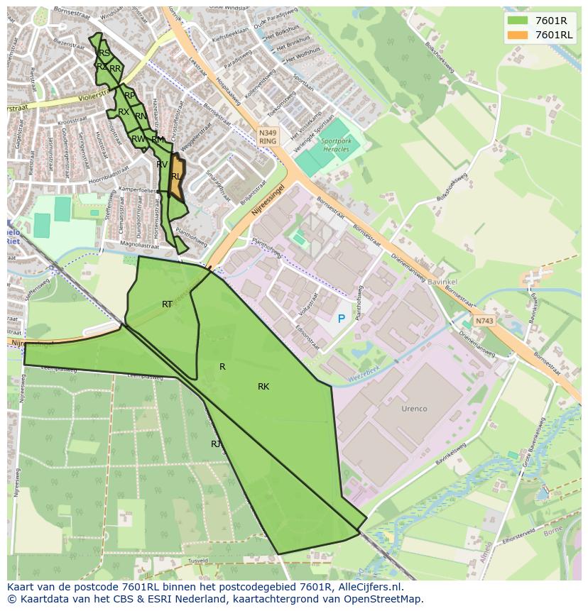 Afbeelding van het postcodegebied 7601 RL op de kaart.
