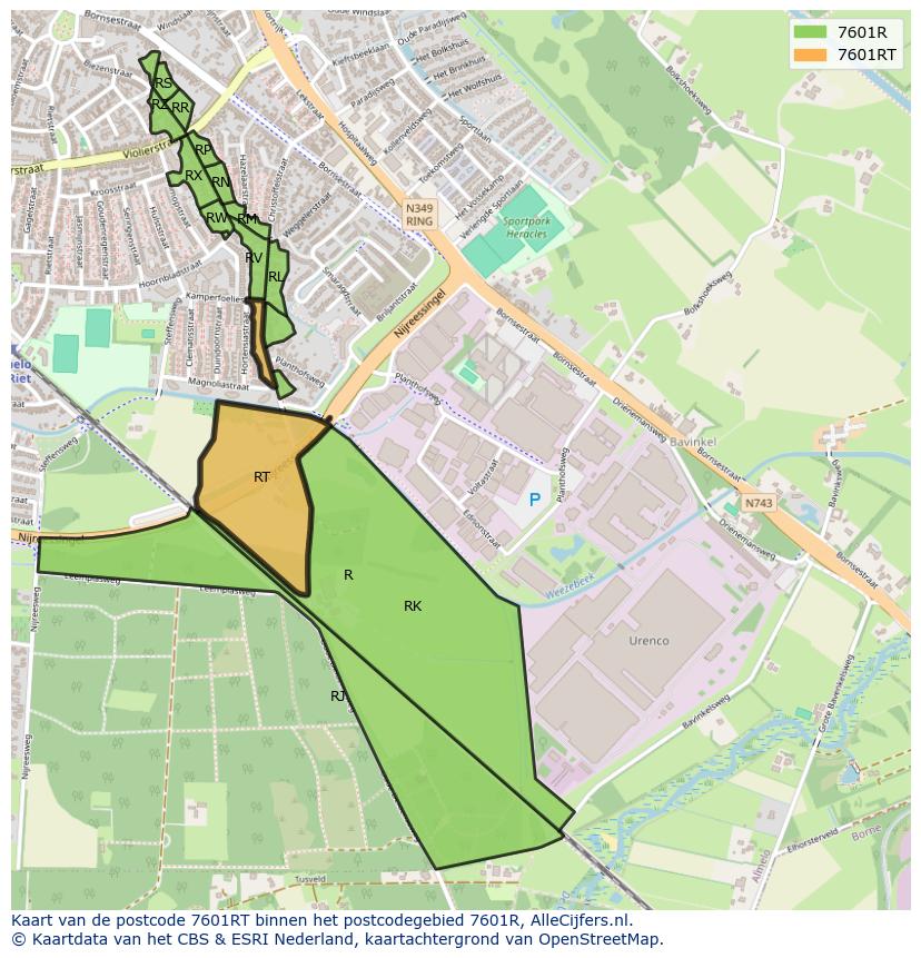 Afbeelding van het postcodegebied 7601 RT op de kaart.