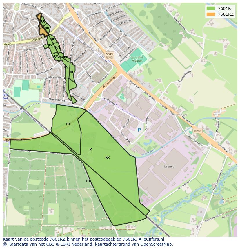Afbeelding van het postcodegebied 7601 RZ op de kaart.