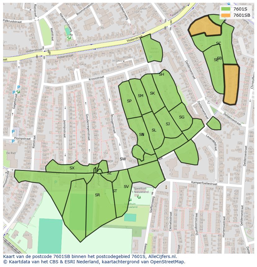 Afbeelding van het postcodegebied 7601 SB op de kaart.