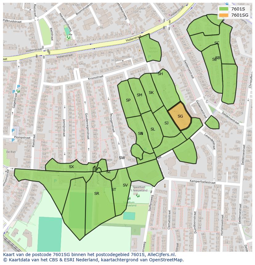 Afbeelding van het postcodegebied 7601 SG op de kaart.
