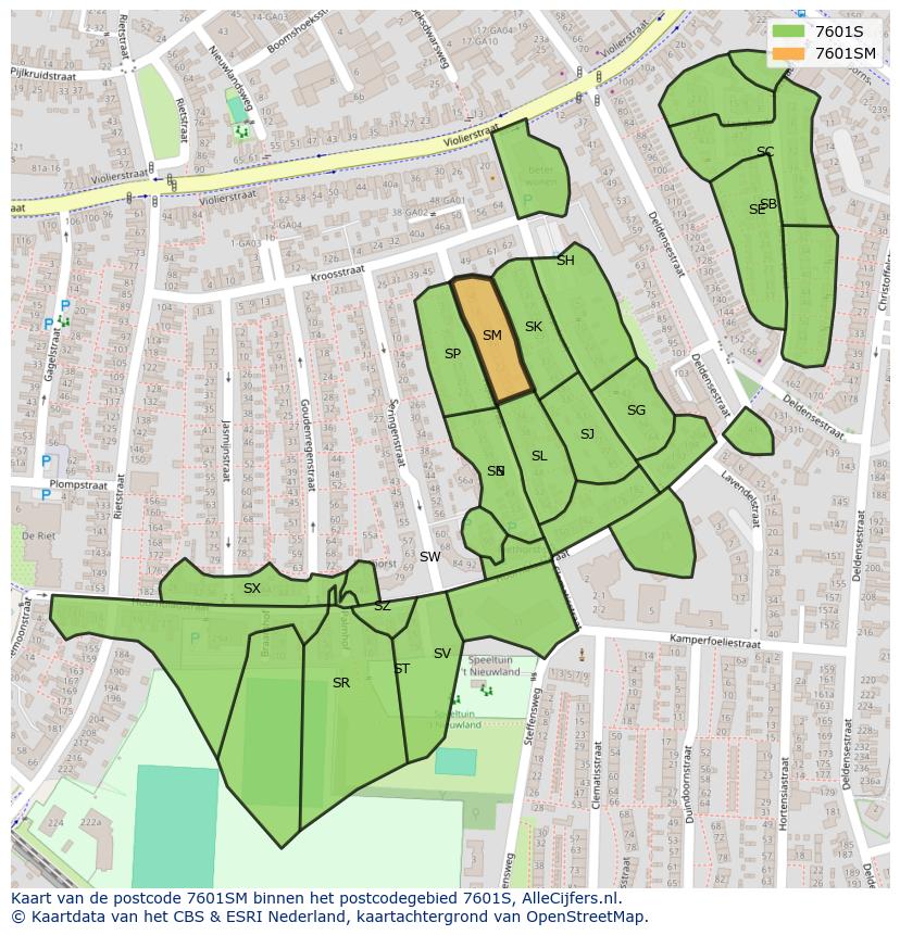 Afbeelding van het postcodegebied 7601 SM op de kaart.
