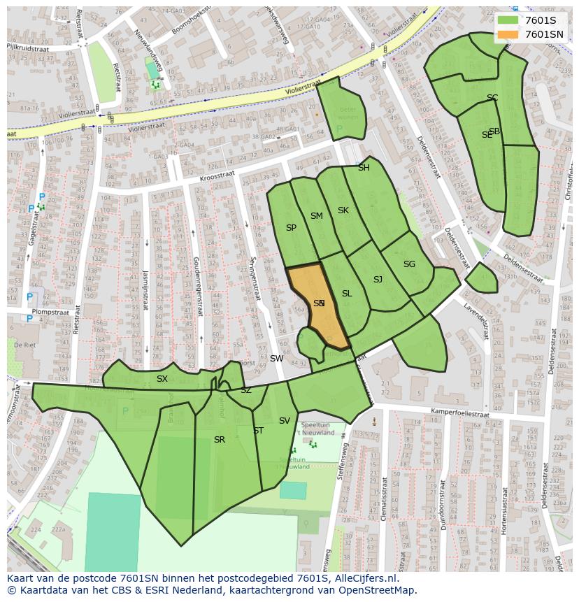 Afbeelding van het postcodegebied 7601 SN op de kaart.