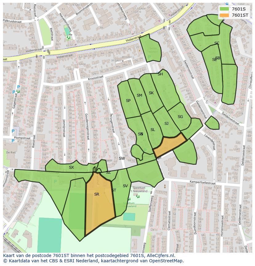Afbeelding van het postcodegebied 7601 ST op de kaart.