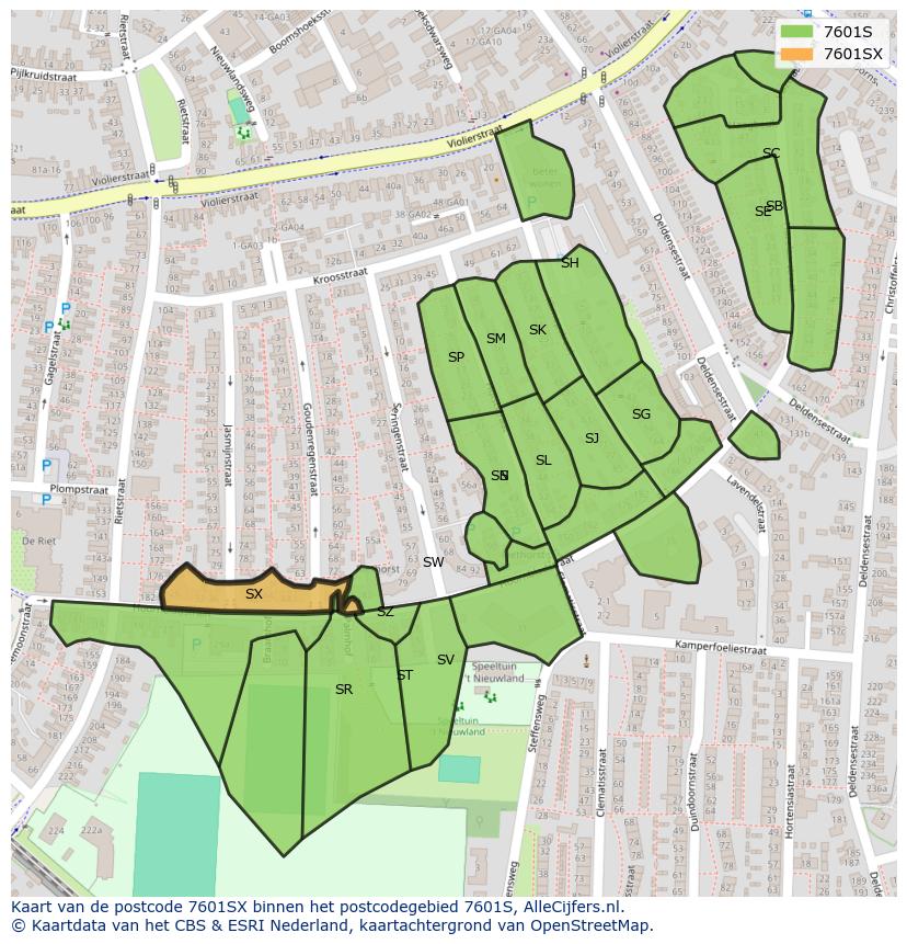 Afbeelding van het postcodegebied 7601 SX op de kaart.