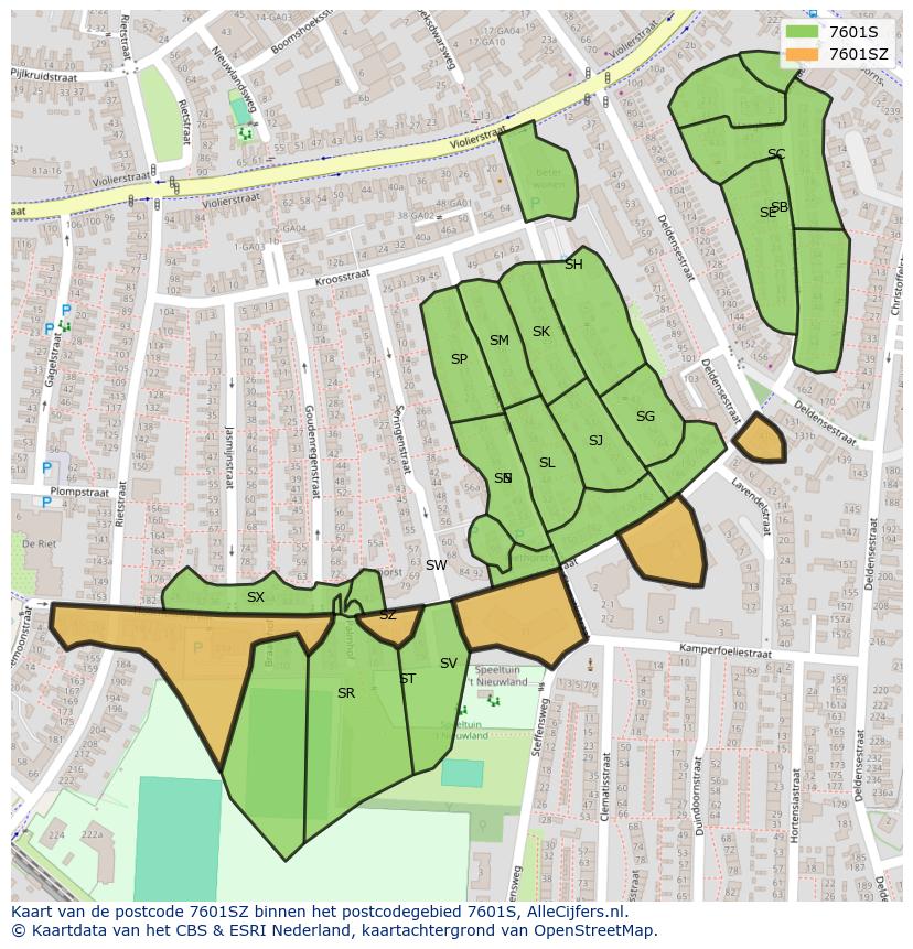 Afbeelding van het postcodegebied 7601 SZ op de kaart.