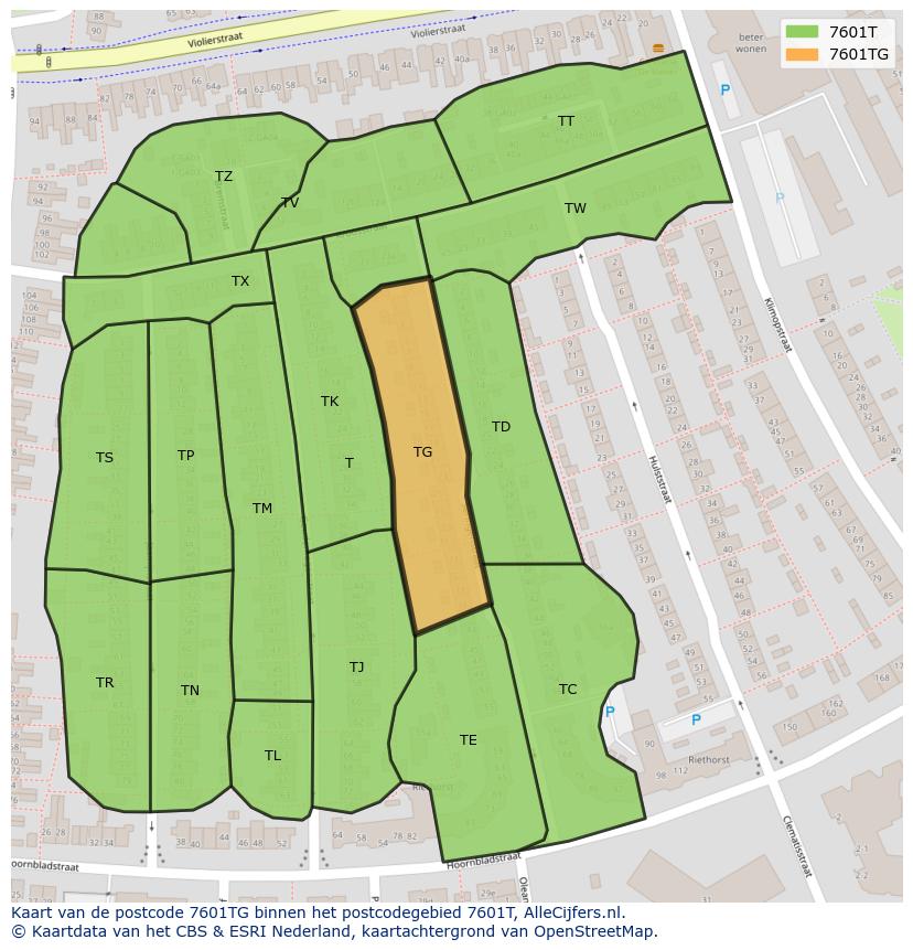 Afbeelding van het postcodegebied 7601 TG op de kaart.