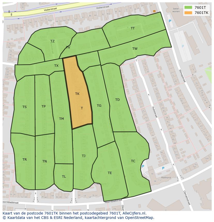 Afbeelding van het postcodegebied 7601 TK op de kaart.