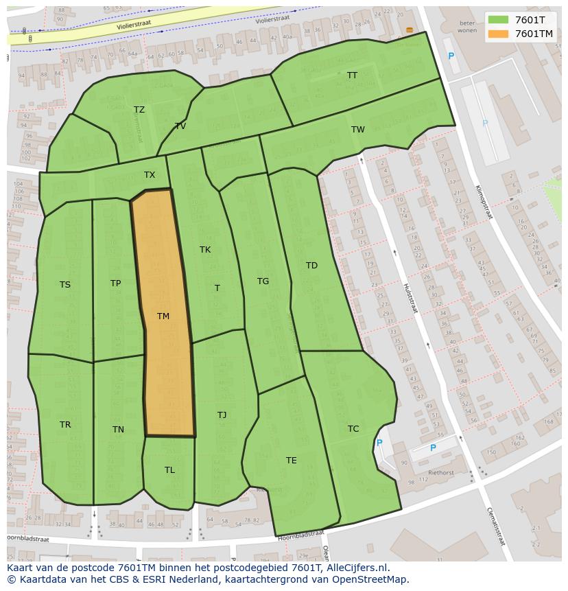 Afbeelding van het postcodegebied 7601 TM op de kaart.