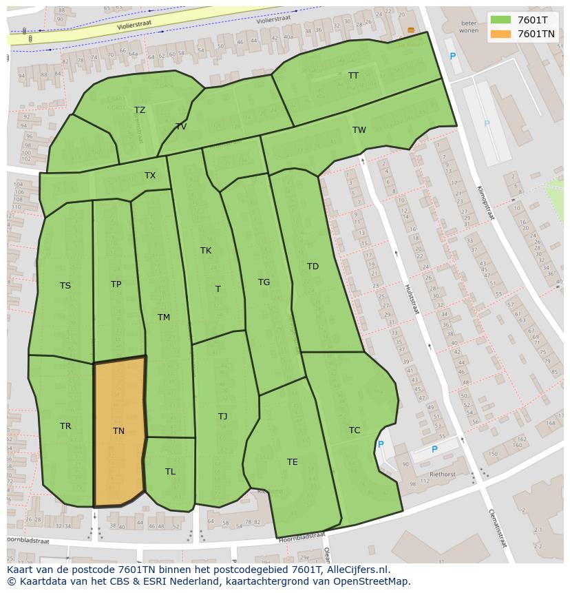 Afbeelding van het postcodegebied 7601 TN op de kaart.