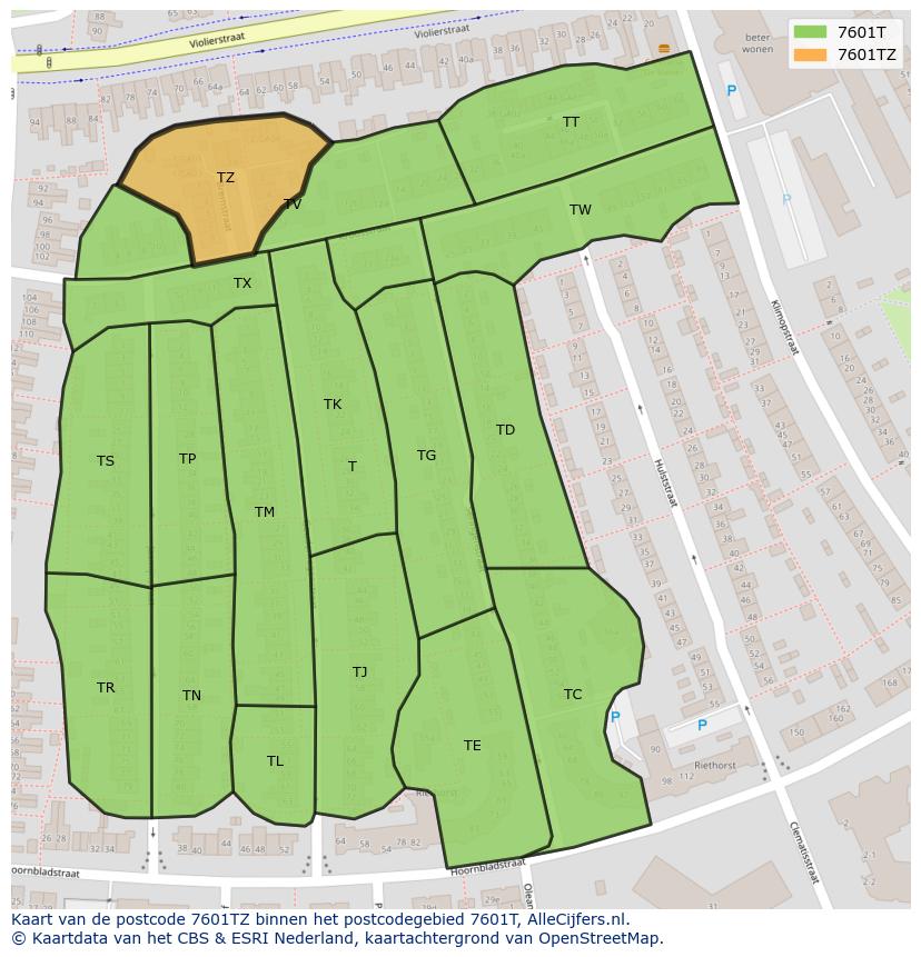 Afbeelding van het postcodegebied 7601 TZ op de kaart.