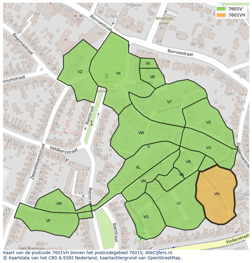 Afbeelding van het postcodegebied 7601 VH op de kaart.