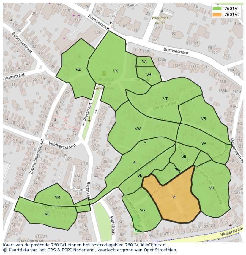 Afbeelding van het postcodegebied 7601 VJ op de kaart.
