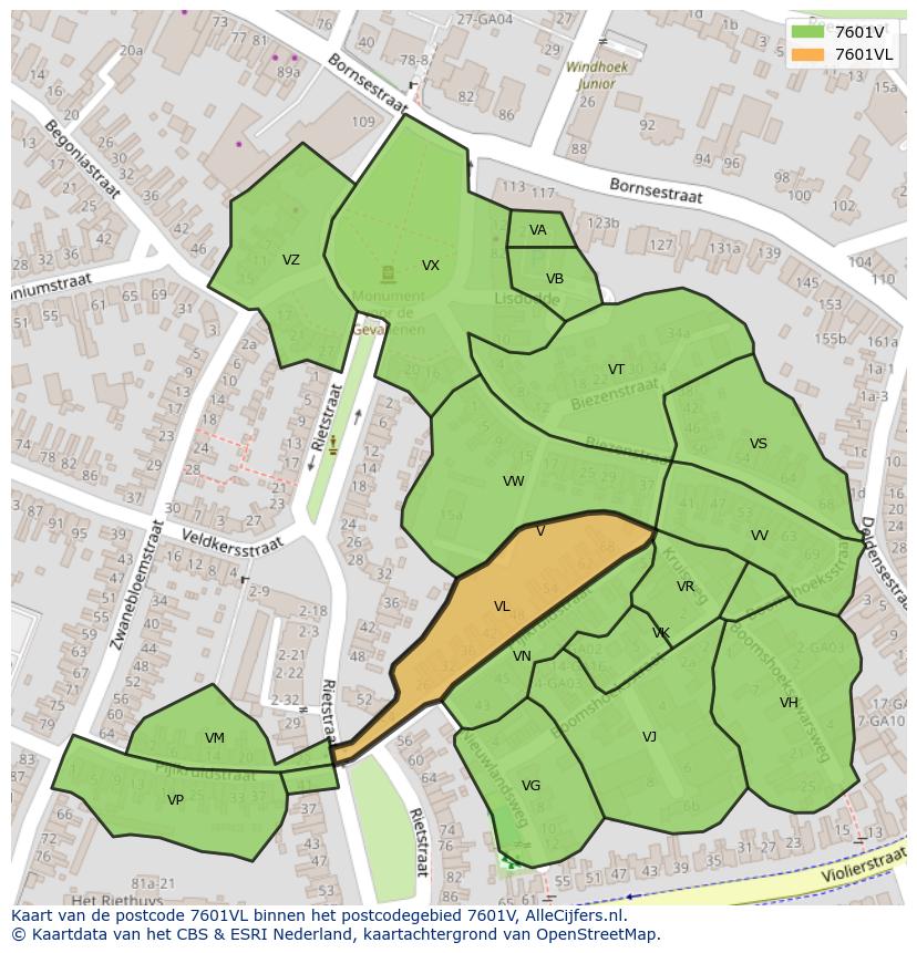 Afbeelding van het postcodegebied 7601 VL op de kaart.