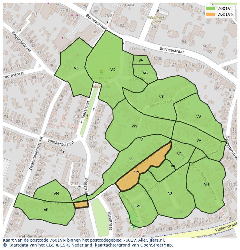 Afbeelding van het postcodegebied 7601 VN op de kaart.