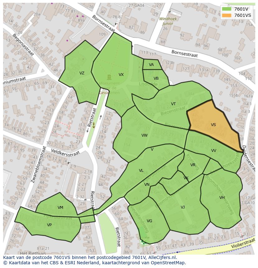 Afbeelding van het postcodegebied 7601 VS op de kaart.