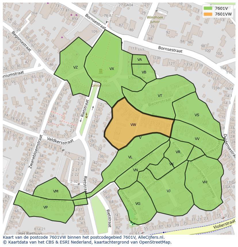Afbeelding van het postcodegebied 7601 VW op de kaart.