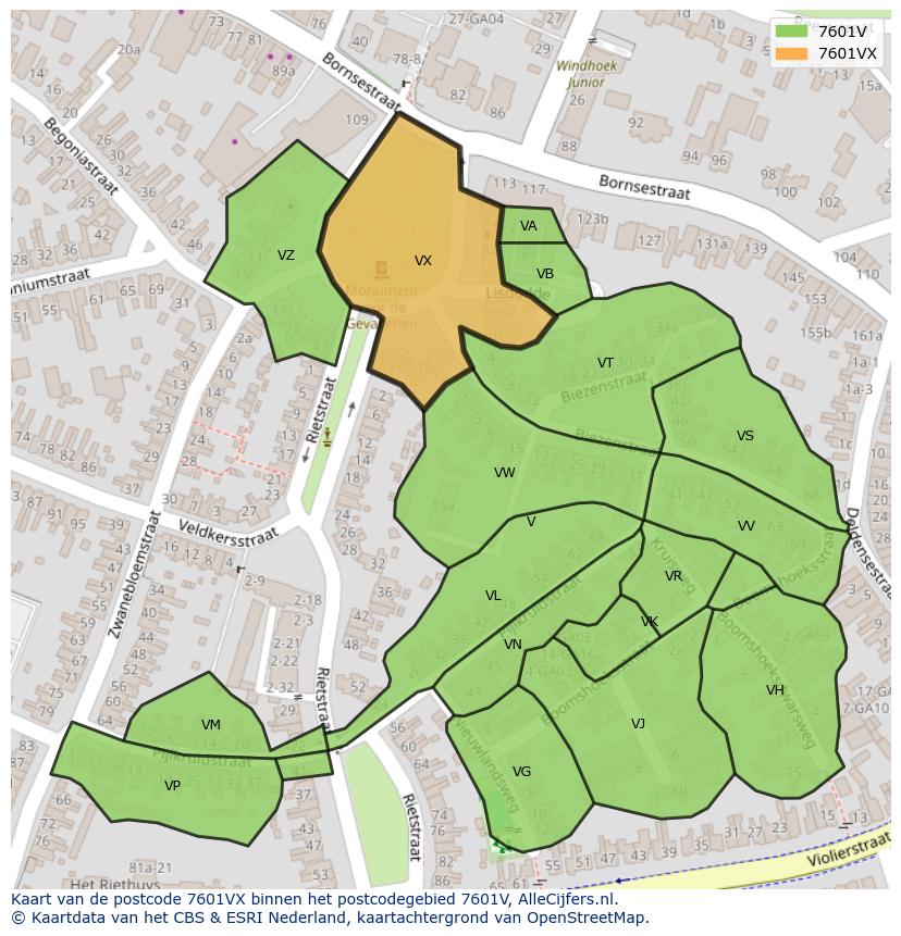 Afbeelding van het postcodegebied 7601 VX op de kaart.