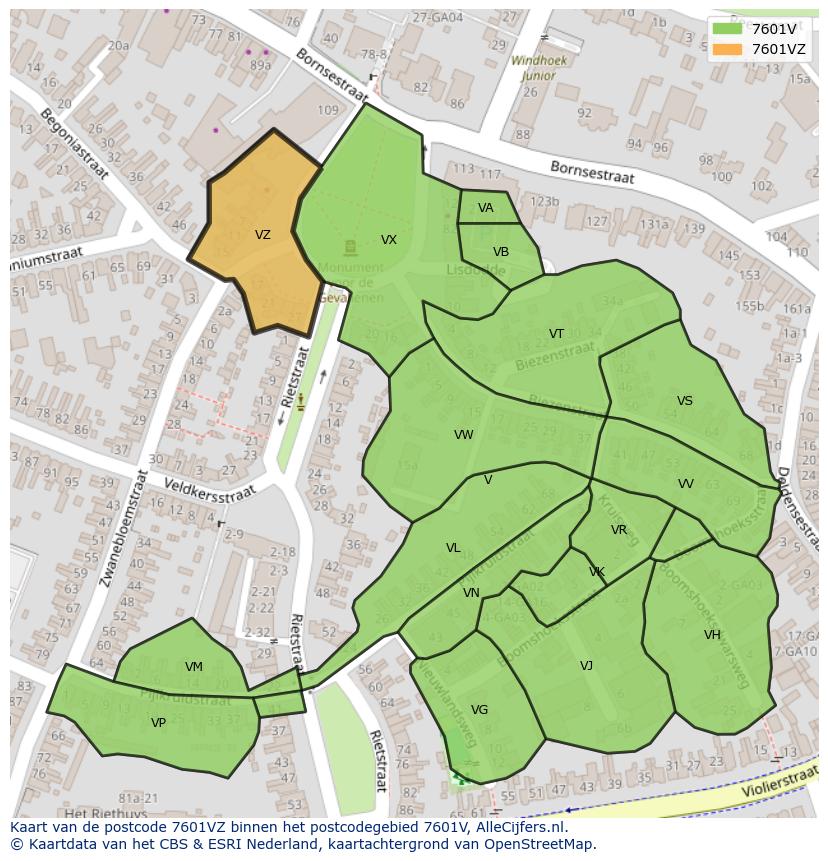 Afbeelding van het postcodegebied 7601 VZ op de kaart.