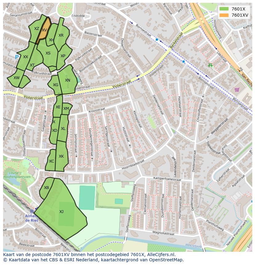 Afbeelding van het postcodegebied 7601 XV op de kaart.