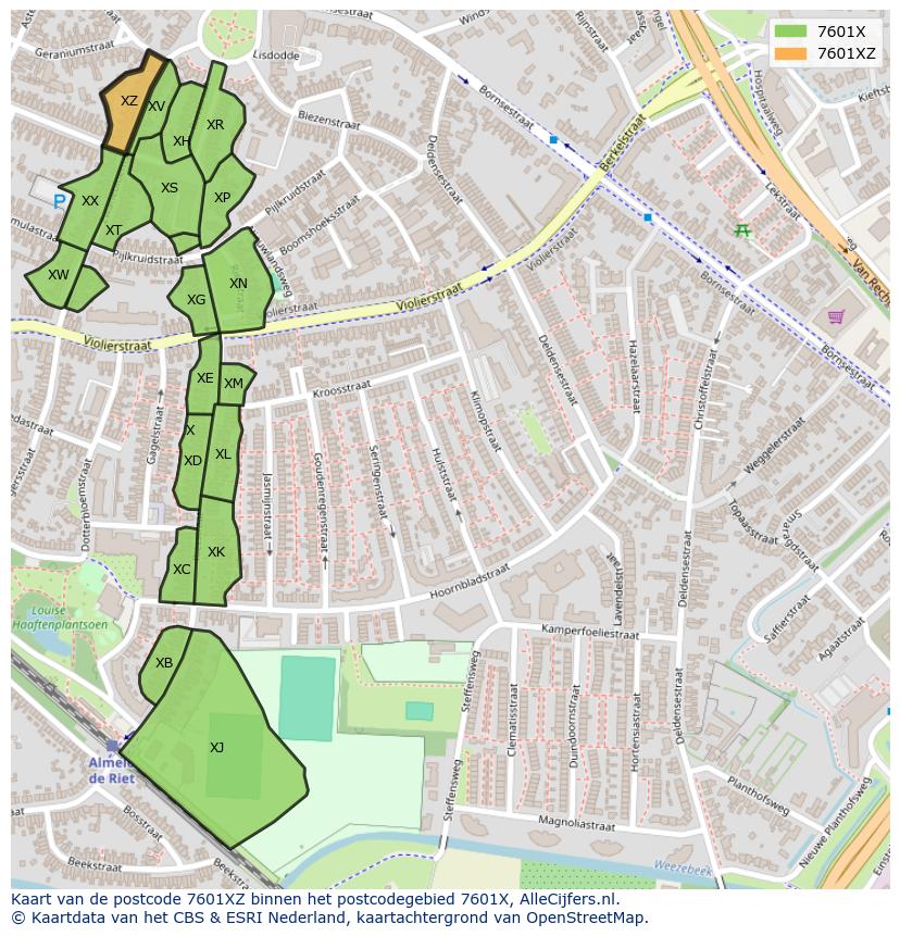 Afbeelding van het postcodegebied 7601 XZ op de kaart.