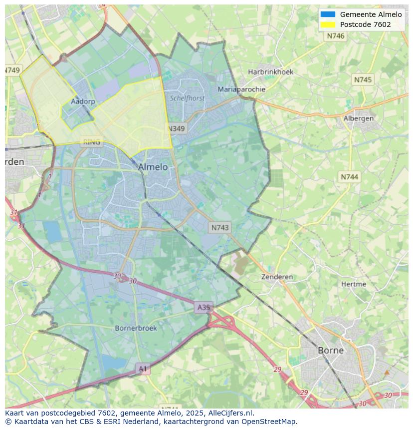 Afbeelding van het postcodegebied 7602 op de kaart.