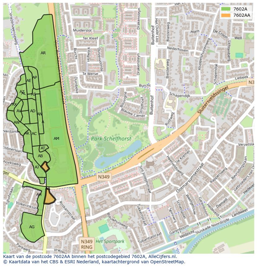 Afbeelding van het postcodegebied 7602 AA op de kaart.