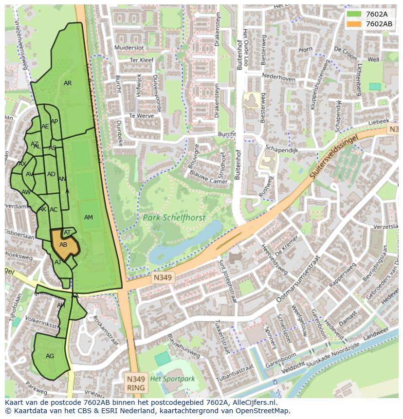 Afbeelding van het postcodegebied 7602 AB op de kaart.