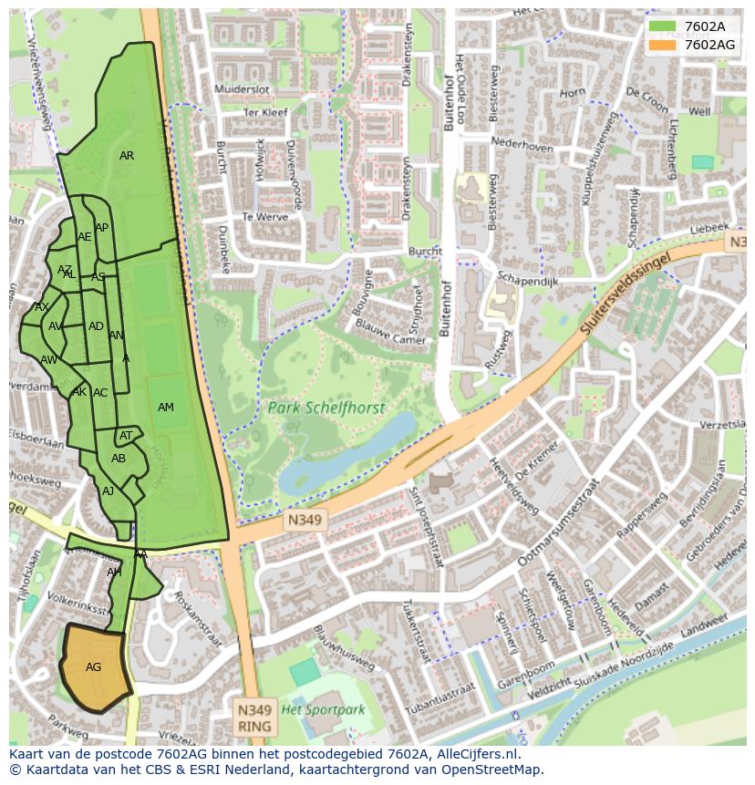 Afbeelding van het postcodegebied 7602 AG op de kaart.