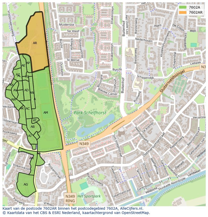 Afbeelding van het postcodegebied 7602 AR op de kaart.