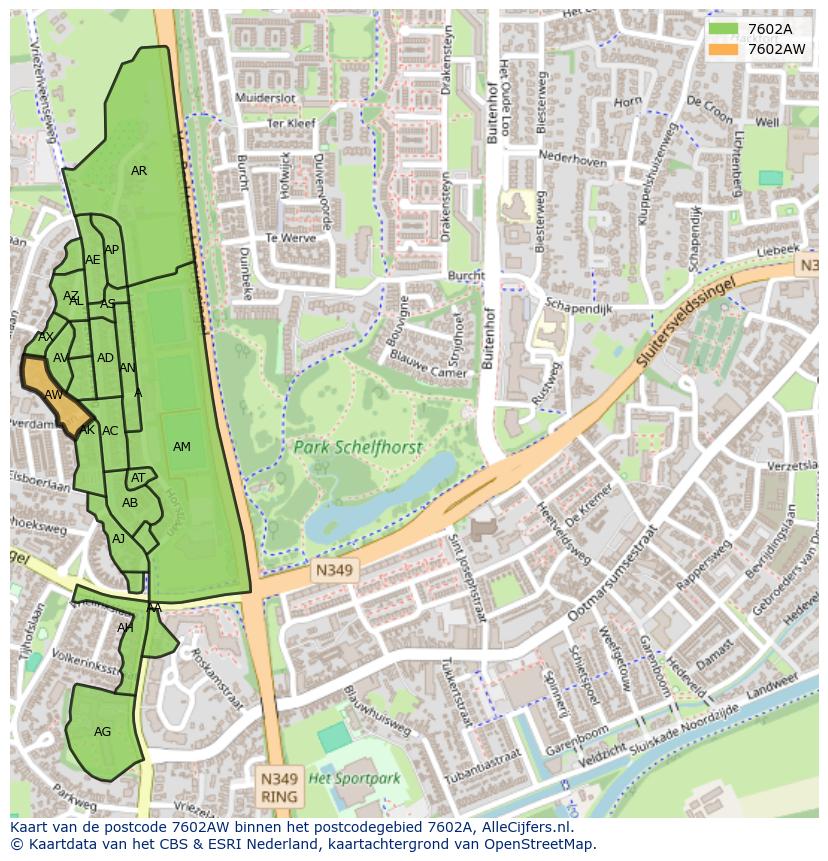 Afbeelding van het postcodegebied 7602 AW op de kaart.