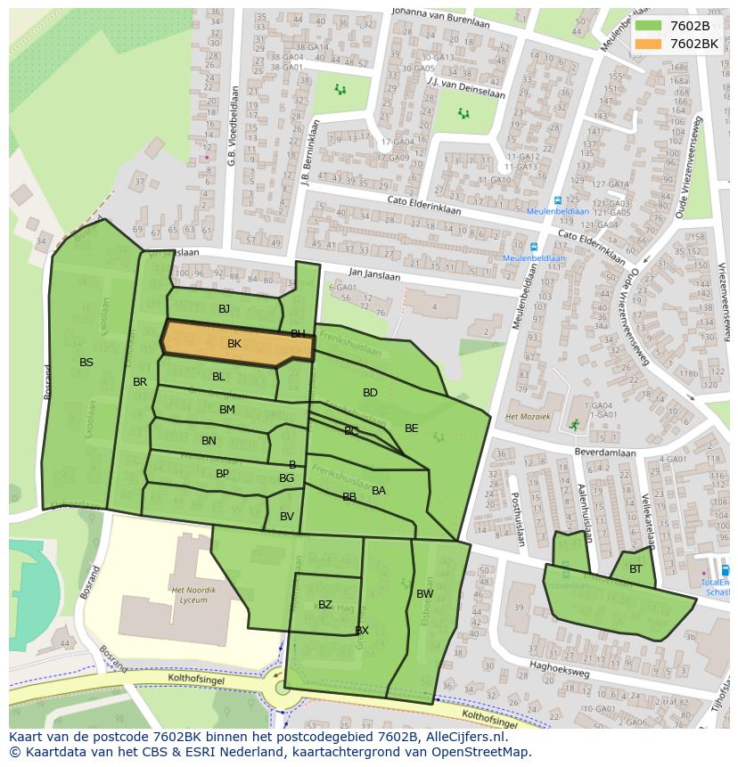 Afbeelding van het postcodegebied 7602 BK op de kaart.
