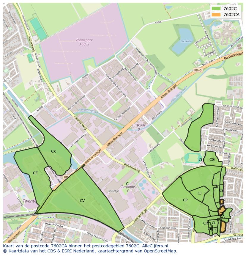 Afbeelding van het postcodegebied 7602 CA op de kaart.