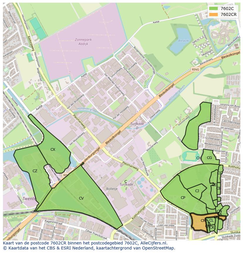 Afbeelding van het postcodegebied 7602 CR op de kaart.
