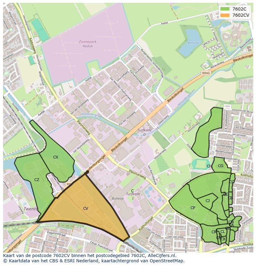 Afbeelding van het postcodegebied 7602 CV op de kaart.