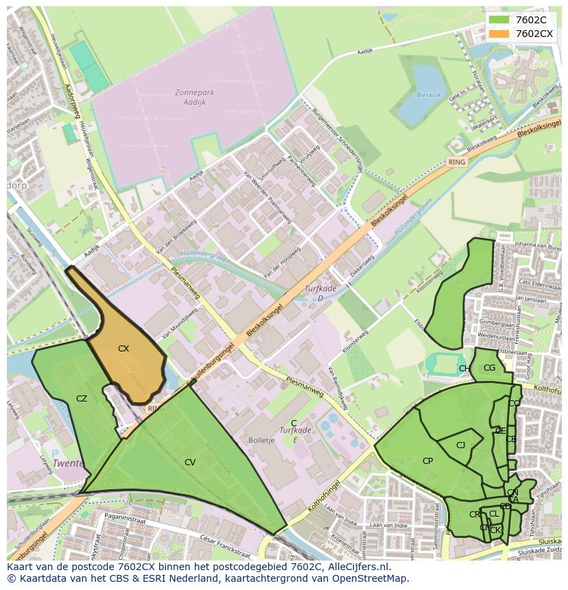 Afbeelding van het postcodegebied 7602 CX op de kaart.