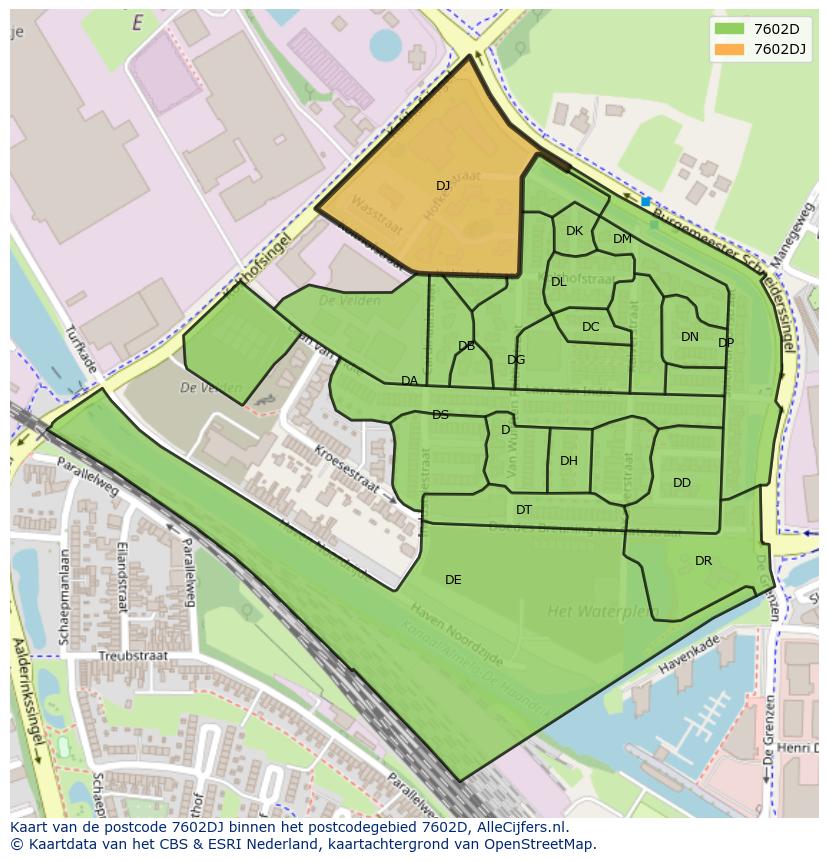 Afbeelding van het postcodegebied 7602 DJ op de kaart.