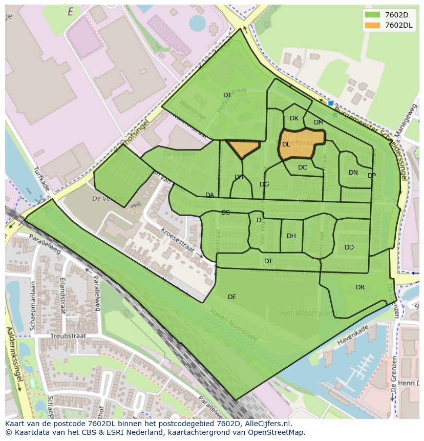 Afbeelding van het postcodegebied 7602 DL op de kaart.