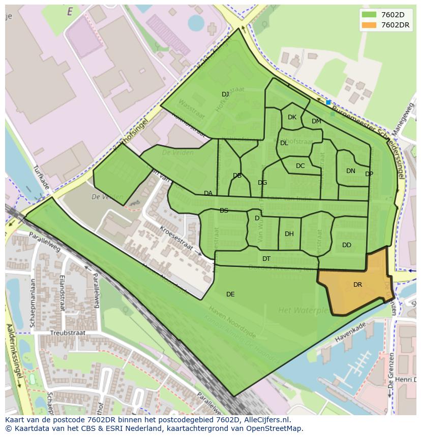 Afbeelding van het postcodegebied 7602 DR op de kaart.