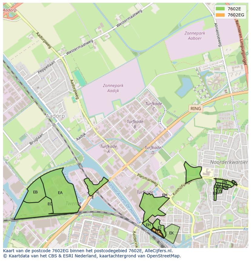 Afbeelding van het postcodegebied 7602 EG op de kaart.