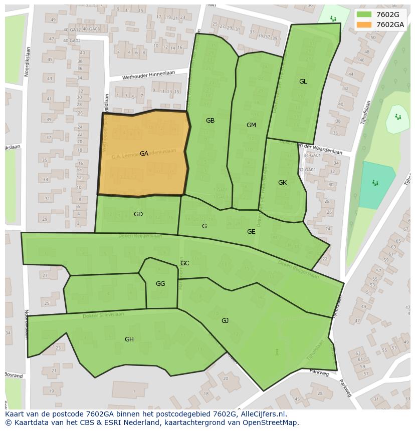 Afbeelding van het postcodegebied 7602 GA op de kaart.