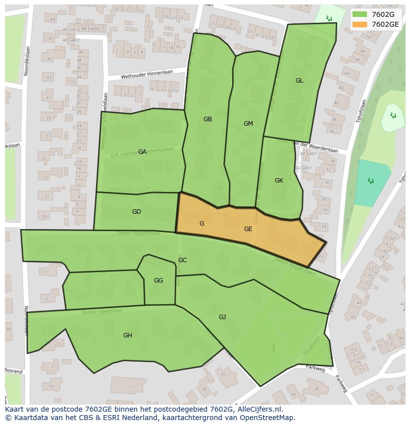 Afbeelding van het postcodegebied 7602 GE op de kaart.