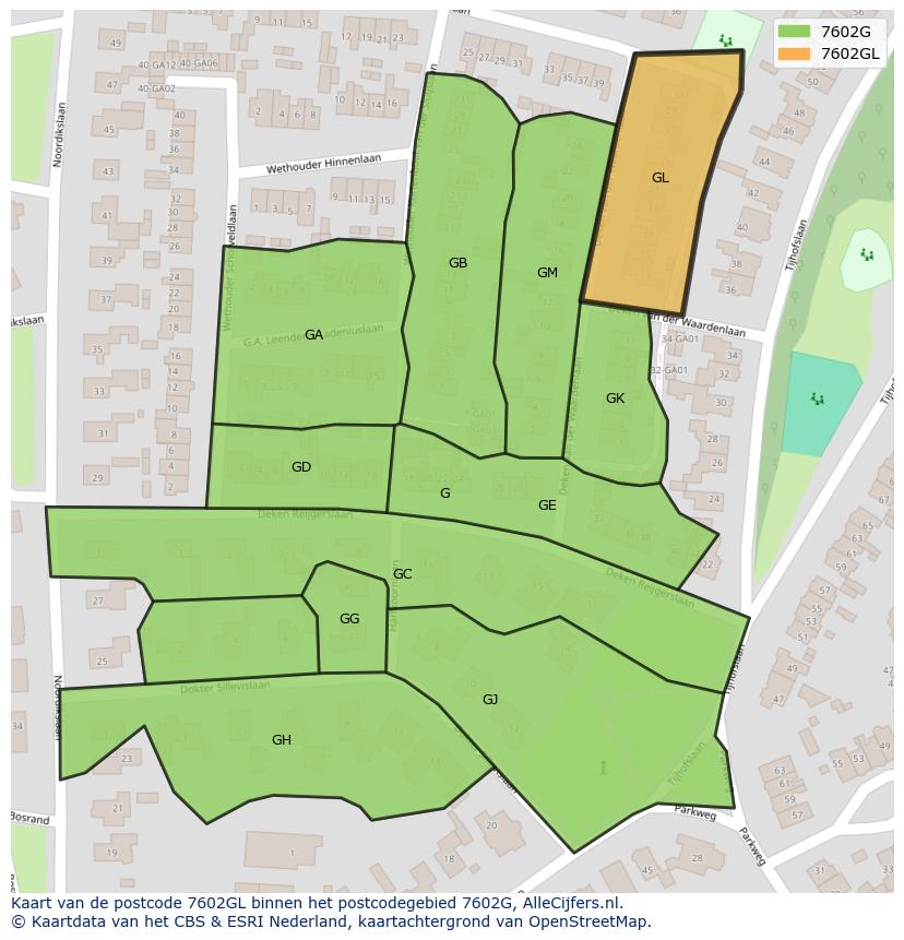 Afbeelding van het postcodegebied 7602 GL op de kaart.