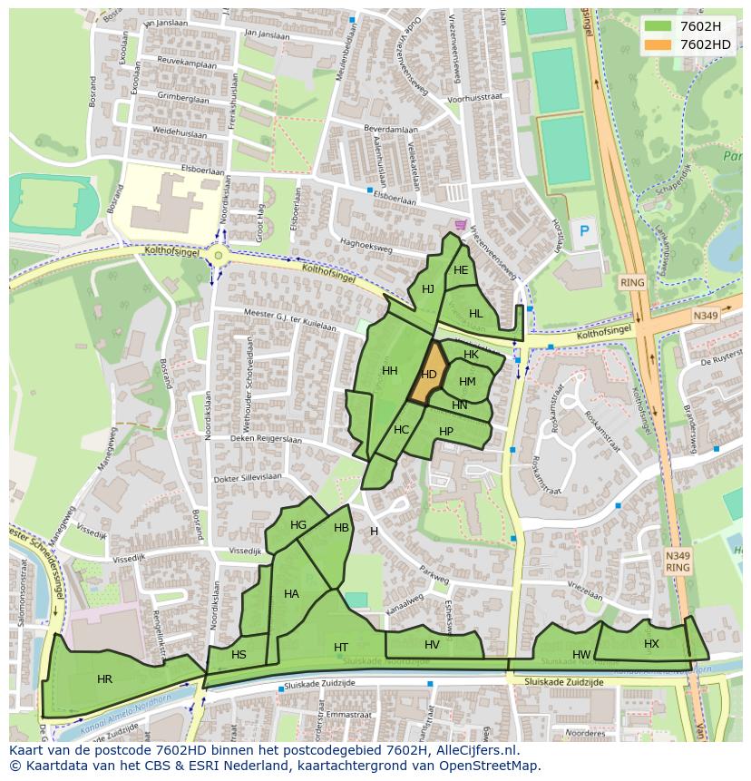 Afbeelding van het postcodegebied 7602 HD op de kaart.